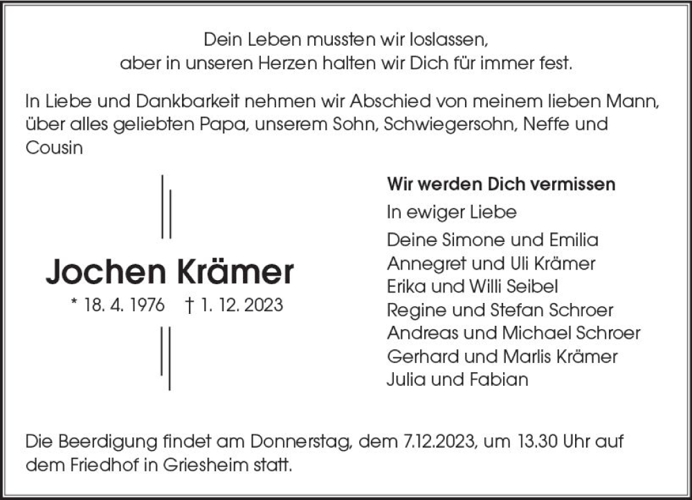  Traueranzeige für Jochen Krämer vom 06.12.2023 aus Darmstädter Echo