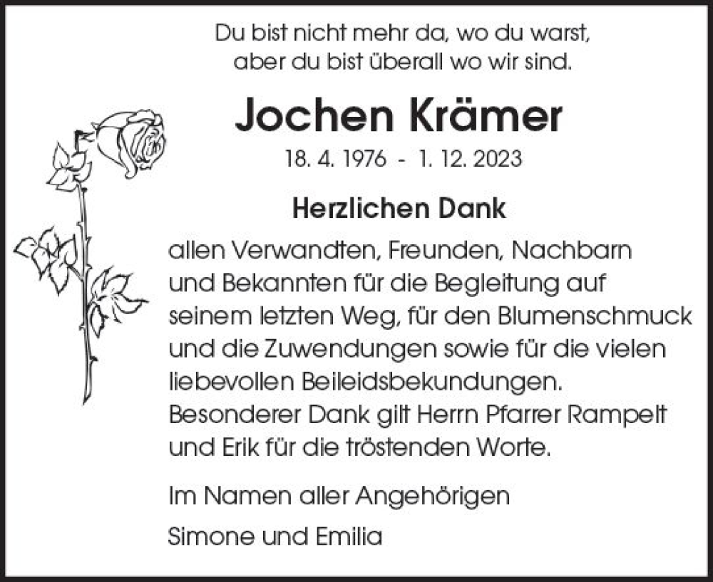  Traueranzeige für Jochen Krämer vom 16.12.2023 aus Darmstädter Echo