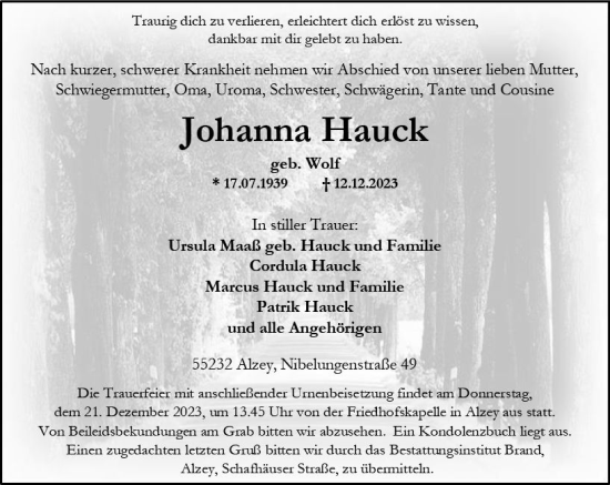 Traueranzeige von Johanna Hauck von Allgemeine Zeitung Alzey