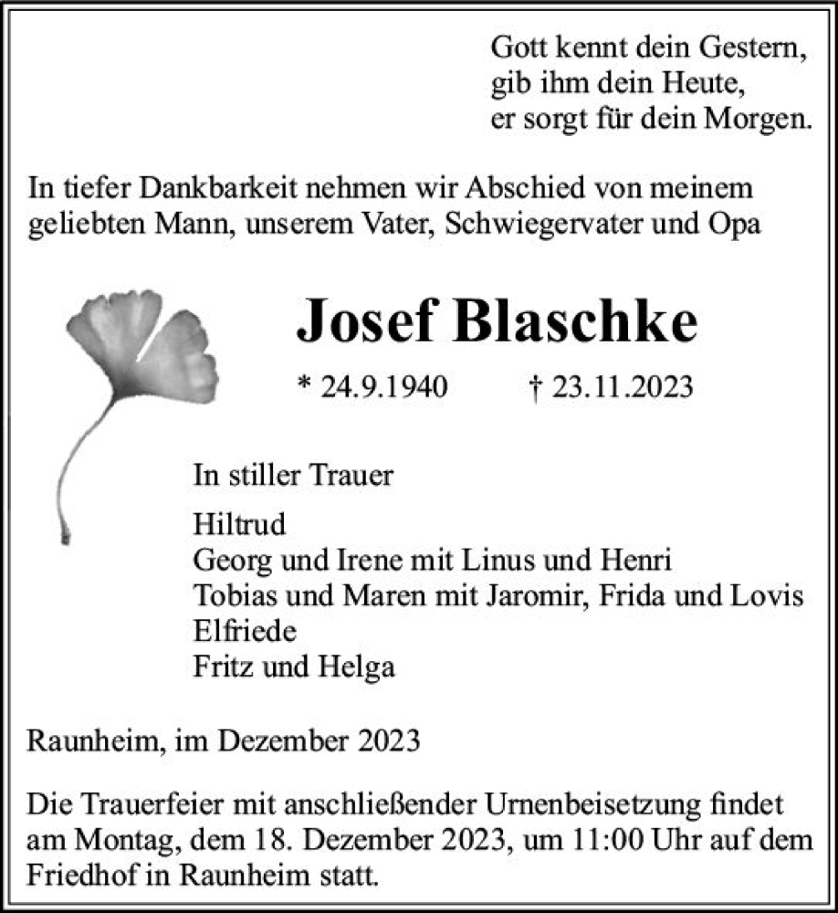  Traueranzeige für Josef Blaschke vom 02.12.2023 aus Rüsselsheimer Echo