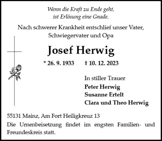 Traueranzeige von Josef Herwig von Allgemeine Zeitung Mainz