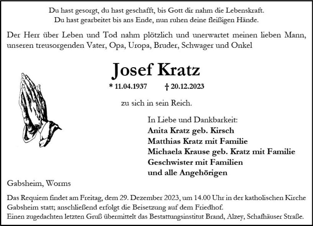  Traueranzeige für Josef Kratz vom 23.12.2023 aus Allgemeine Zeitung Alzey