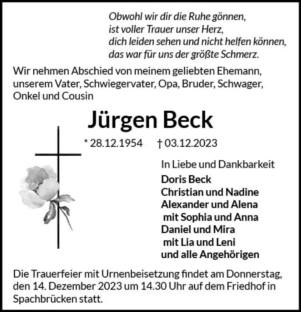  Traueranzeige für Jürgen Beck vom 09.12.2023 aus Darmstädter Echo