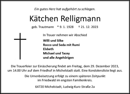 Traueranzeige von Kätchen Relligmann von Odenwälder Echo
