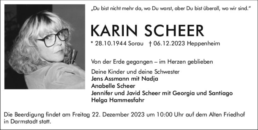  Traueranzeige für Karin Scheer vom 16.12.2023 aus Darmstädter Echo