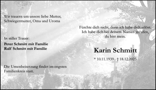 Traueranzeige von Karin Schmitt von Allgemeine Zeitung Mainz