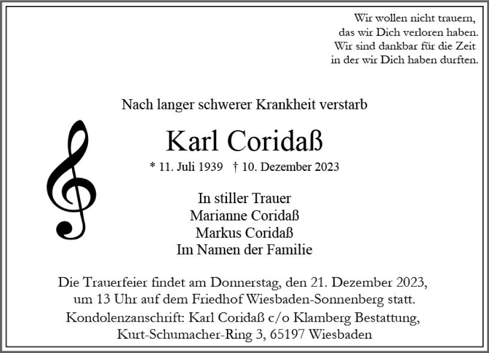  Traueranzeige für Karl Coridaß vom 16.12.2023 aus Wiesbadener Kurier