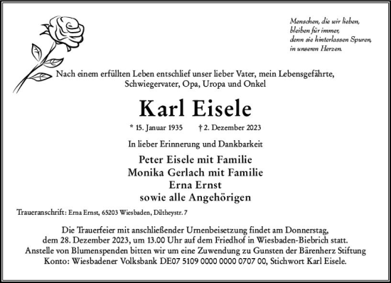 Traueranzeige von Karl Eisele von Wiesbadener Kurier