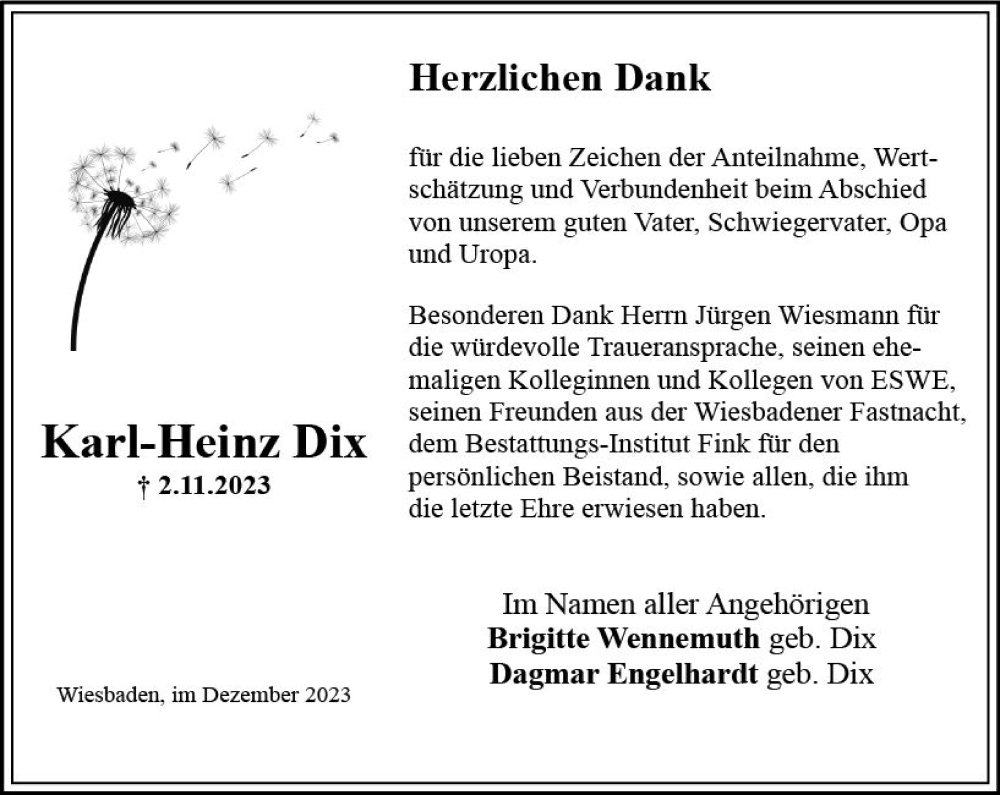  Traueranzeige für Karl-Heinz Dix vom 23.12.2023 aus Wiesbadener Kurier