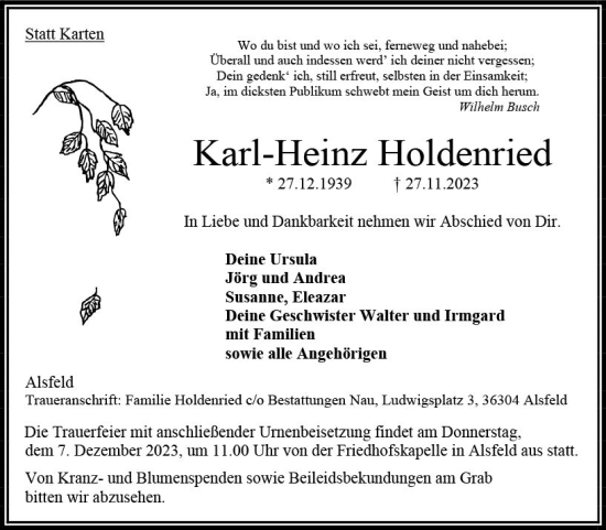 Traueranzeige von Karl-Heinz Holdenried von Oberhessische Zeitung