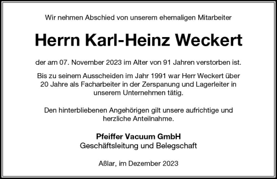 Traueranzeige von Karl-Heinz Weckert von Wetzlarer Neue Zeitung