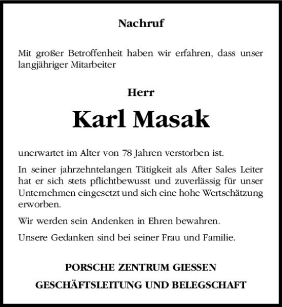 Traueranzeige von Karl Masak von Wetzlarer Neue Zeitung