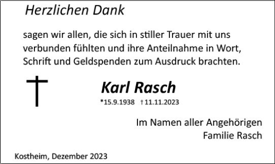Traueranzeige von Karl Rasch von Allgemeine Zeitung Mainz