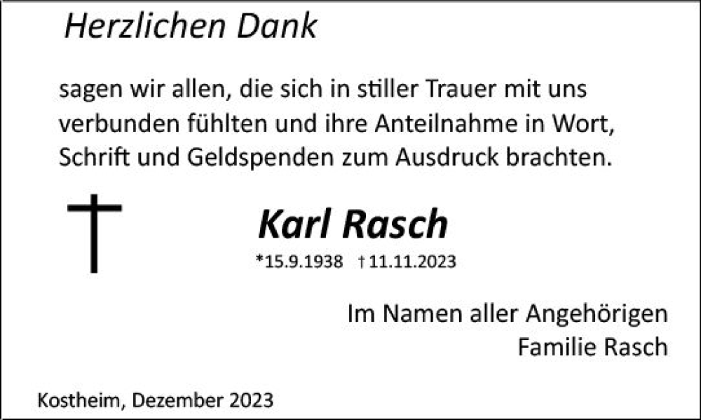  Traueranzeige für Karl Rasch vom 16.12.2023 aus Allgemeine Zeitung Mainz