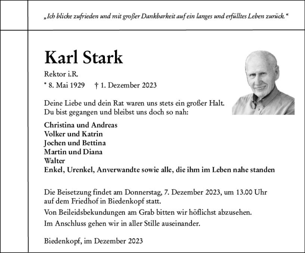  Traueranzeige für Karl Stark vom 05.12.2023 aus Hinterländer Anzeiger