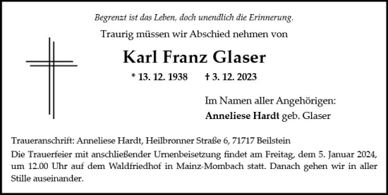 Traueranzeige von Karl Franz Glaser von Allgemeine Zeitung Mainz