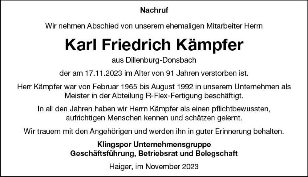  Traueranzeige für Karl Friedrich Kämpfer vom 02.12.2023 aus Dill Block