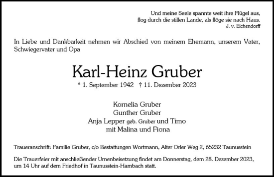 Traueranzeige von Karl Heinz Gruber von Wiesbadener Kurier