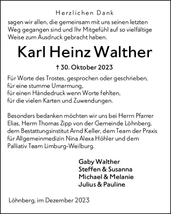 Traueranzeige von Karl Heinz Walther von Weilburger Tageblatt