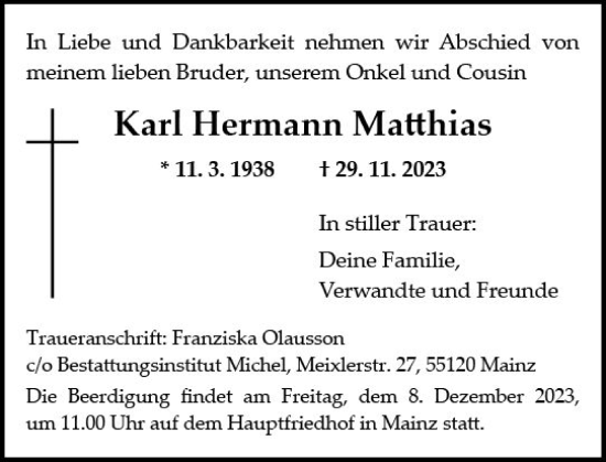 Traueranzeige von Karl Hermann Matthias von Allgemeine Zeitung Mainz