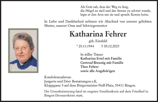 Traueranzeige von Katharina Fehrer von Bingen/Ingelheim WOBL inkl. Neue Binger Ztg.