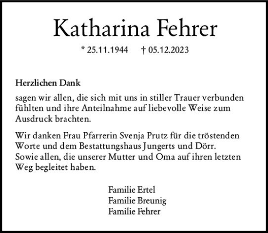Traueranzeige von Katharina Fehrer von Bingen/Ingelheim WOBL inkl. Neue Binger Ztg.