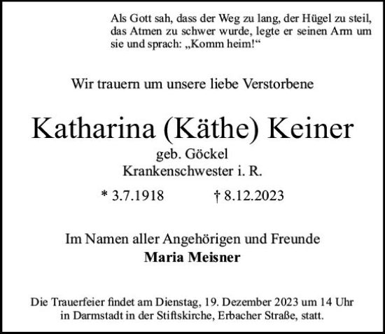 Traueranzeige von Katharina Keiner von Darmstädter Echo