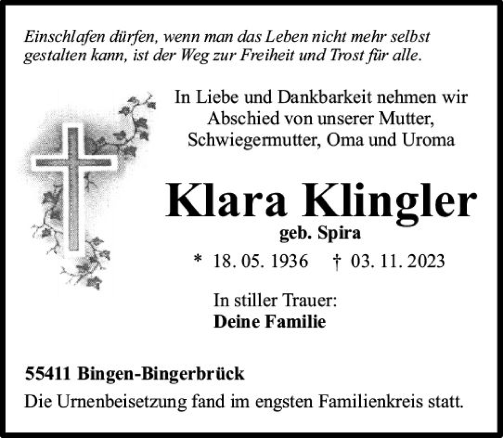  Traueranzeige für Klara Klingler vom 02.12.2023 aus Allgemeine Zeitung Bingen/Ingelheim