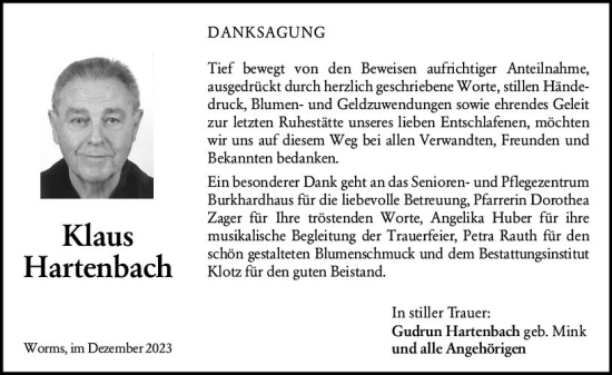Traueranzeige von Klaus Hartenbach von Wormser Zeitung