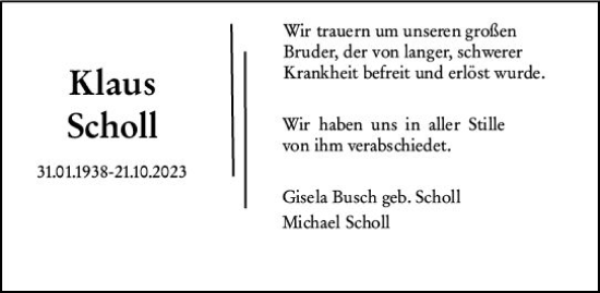 Traueranzeige von Klaus Scholl von Allgemeine Zeitung Bingen/Ingelheim