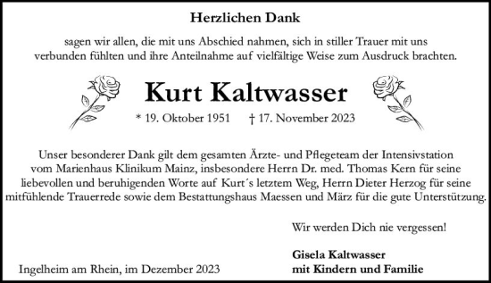 Traueranzeige von Kurt Kaltwasser von Allgemeine Zeitung Bingen/Ingelheim