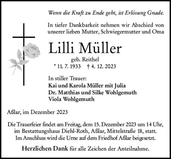 Traueranzeige von Lilli Müller von Wetzlarer Neue Zeitung