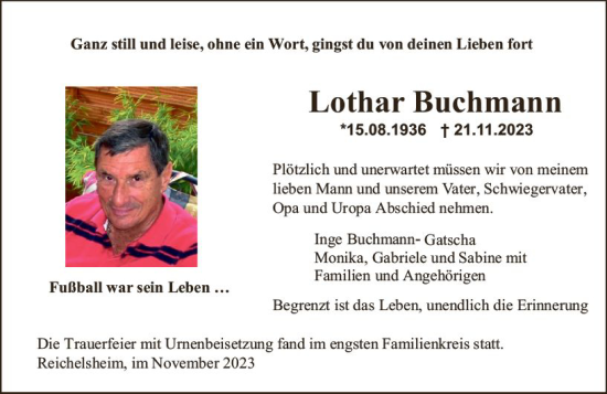 Traueranzeige von Lothar Buchmann von Bergsträßer Anzeiger