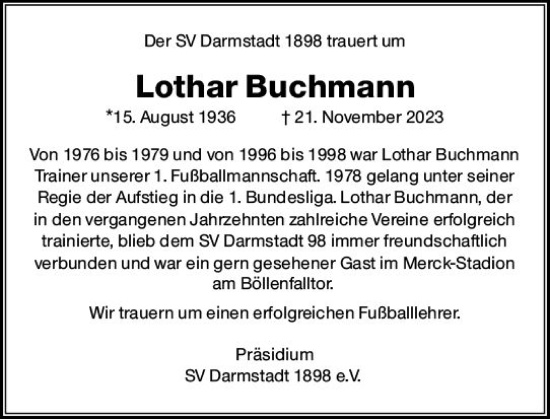 Traueranzeige von Lothar Buchmann von Darmstädter Echo