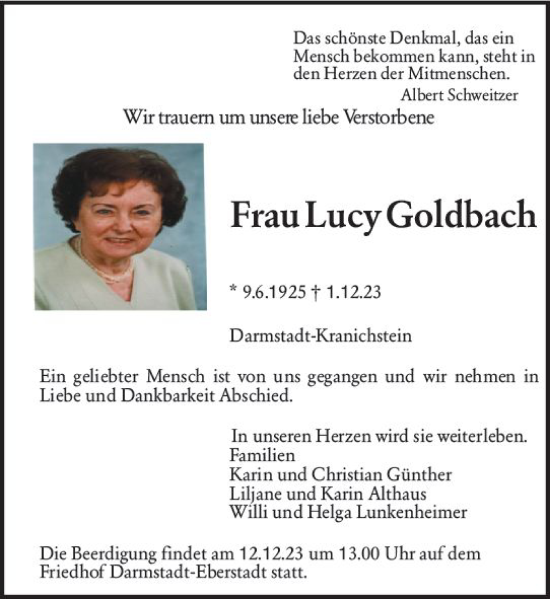 Traueranzeige von Lucy Goldbach von Darmstädter Echo