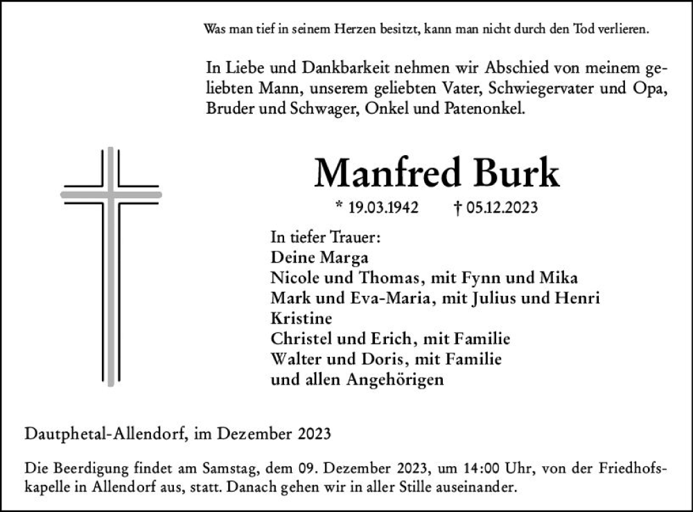  Traueranzeige für Manfred Burk vom 07.12.2023 aus Hinterländer Anzeiger