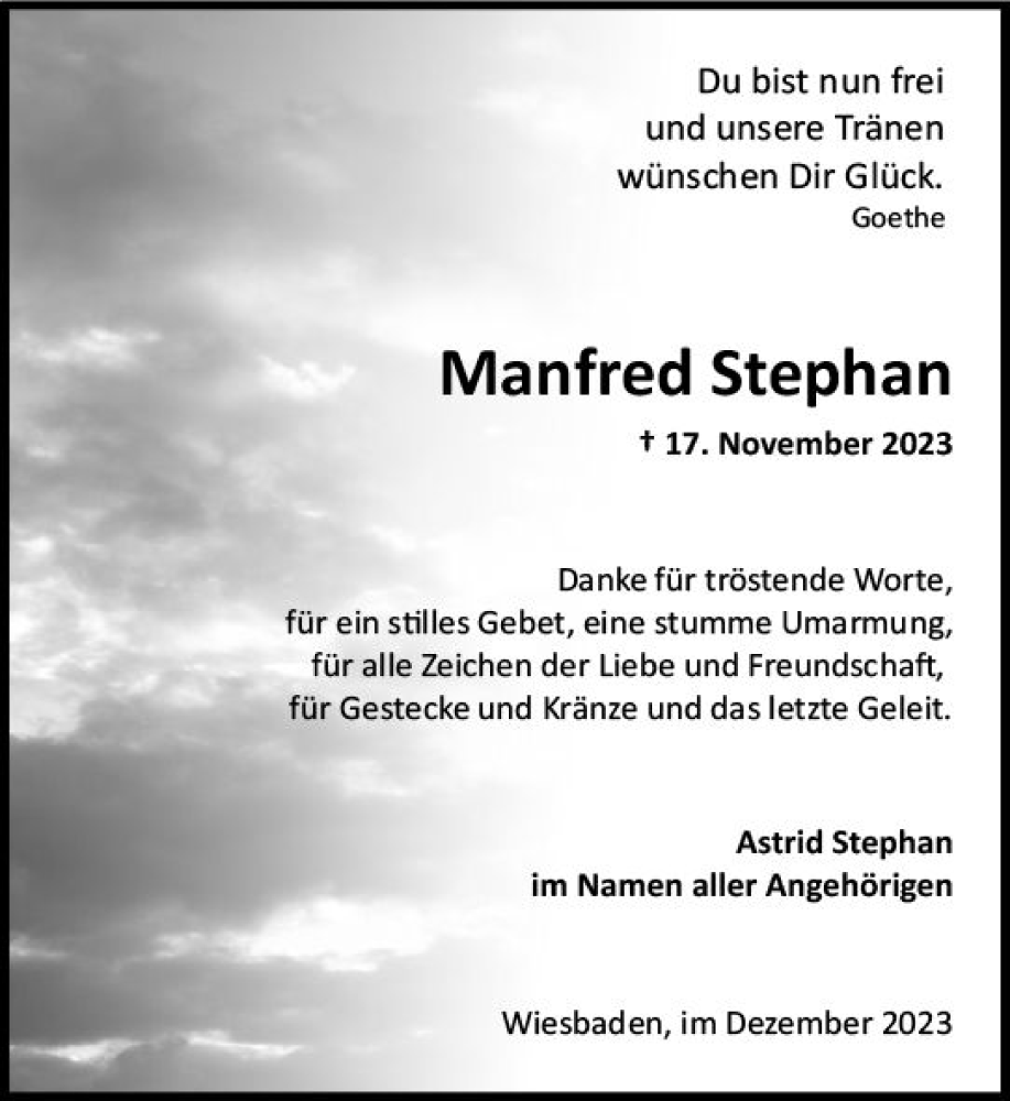  Traueranzeige für Manfred Stephan vom 16.12.2023 aus Wiesbadener Kurier