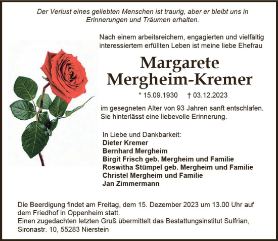 Traueranzeige von Margarete Mergheim-Kremer von Allgemeine Zeitung Mainz