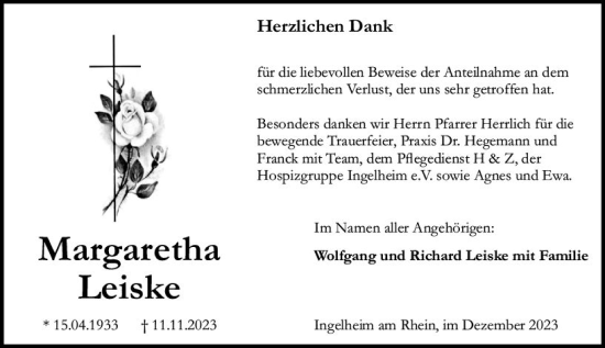 Traueranzeige von Margaretha Leiske von Allgemeine Zeitung Bingen/Ingelheim