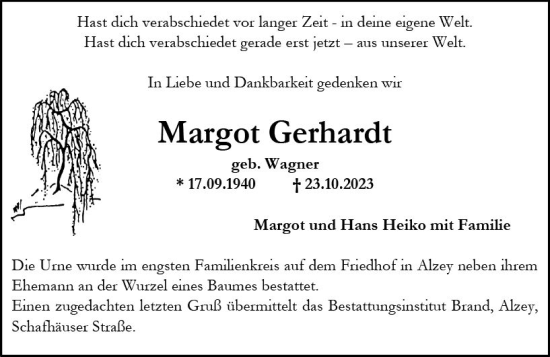 Traueranzeige von Margot Gerhardt von Allgemeine Zeitung Alzey