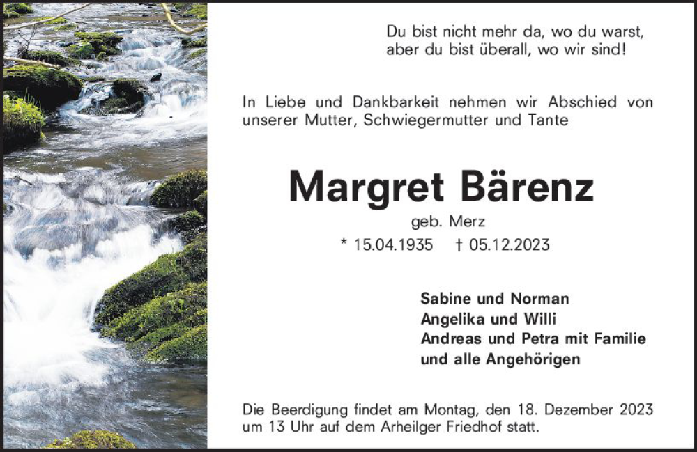  Traueranzeige für Margret Bärenz vom 09.12.2023 aus Darmstädter Echo