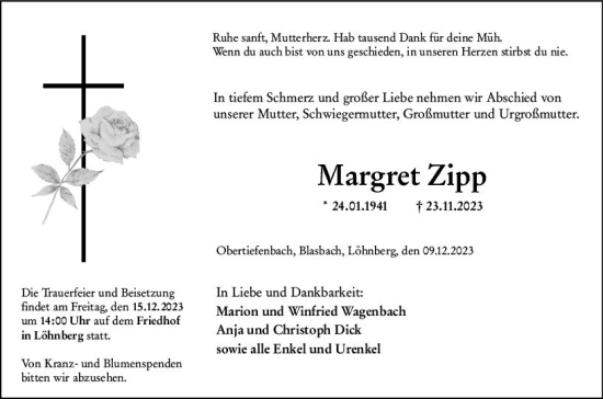 Traueranzeige von Margret Zipp von Weilburger Tageblatt