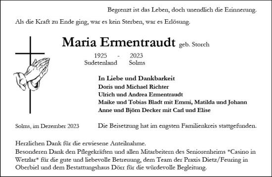 Traueranzeige von Maria Ermentraudt von Wetzlarer Neue Zeitung