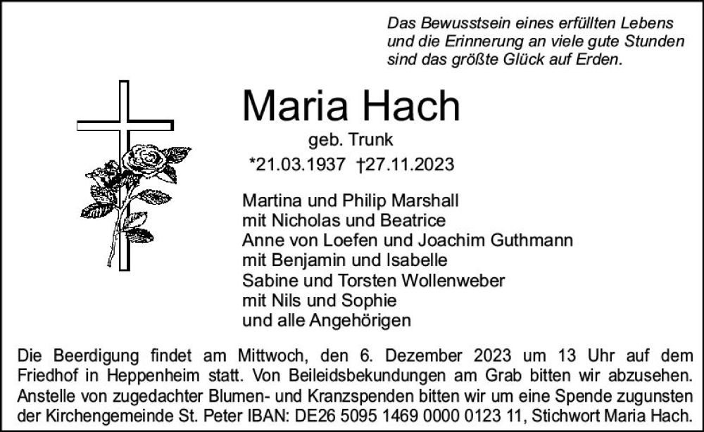  Traueranzeige für Maria Hach vom 02.12.2023 aus Starkenburger Echo