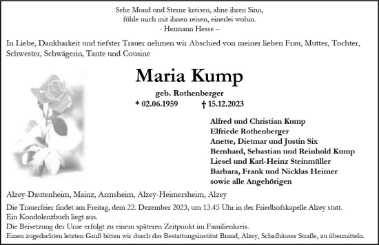 Traueranzeige von Maria Kump von Allgemeine Zeitung Alzey