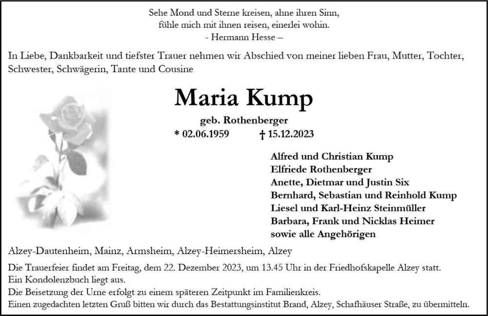  Traueranzeige für Maria Kump vom 16.12.2023 aus Allgemeine Zeitung Alzey
