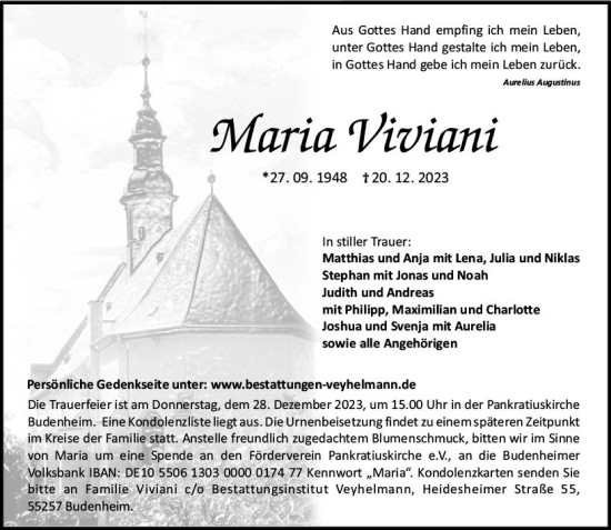 Traueranzeige von Maria Viviani von Allgemeine Zeitung Mainz