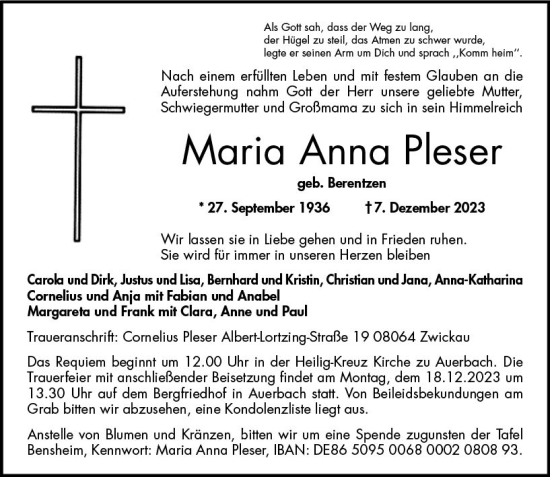 Traueranzeige von Maria Anna Pleser von Darmstädter Echo