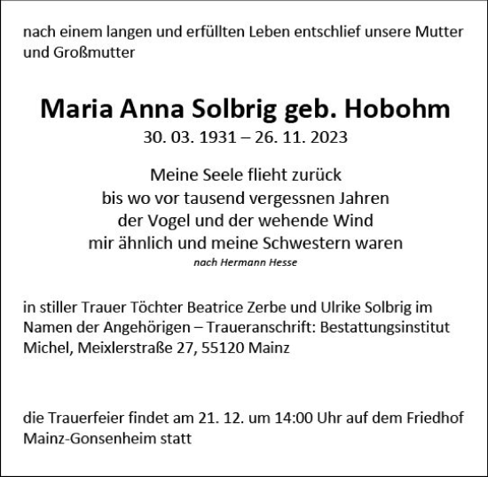 Traueranzeige von Maria Anna Solbrig von Allgemeine Zeitung Mainz