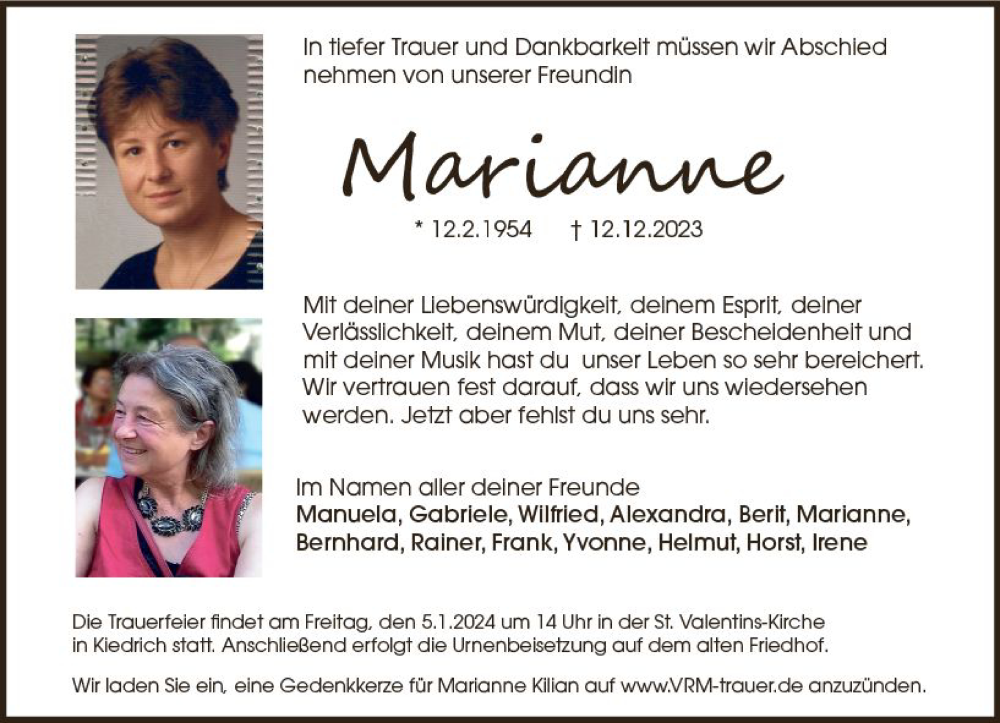  Traueranzeige für Marianne Kilian vom 23.12.2023 aus Rheingau Kurier